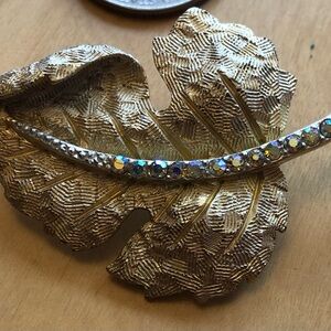 Gold Leaf Crystal Accent Brooch - Women Jewelry